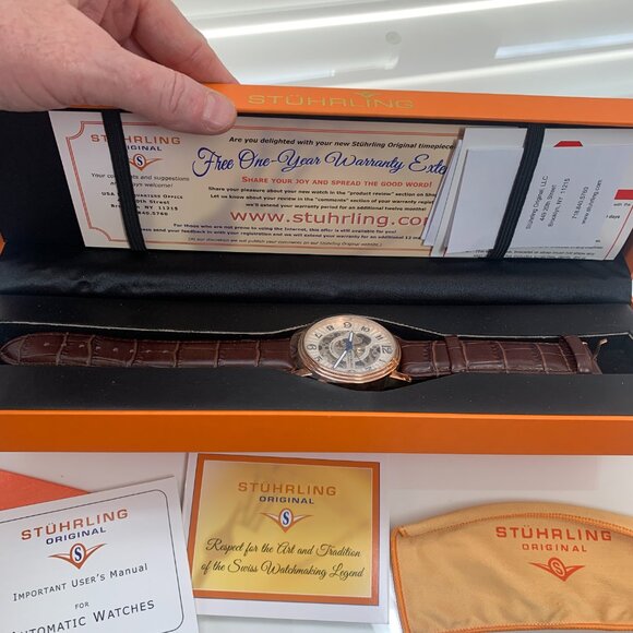 Stuhrling Skeleton Automatic Men’s Watch w/ Box – Rose Gold & Brown Leather - Picture 7 of 7